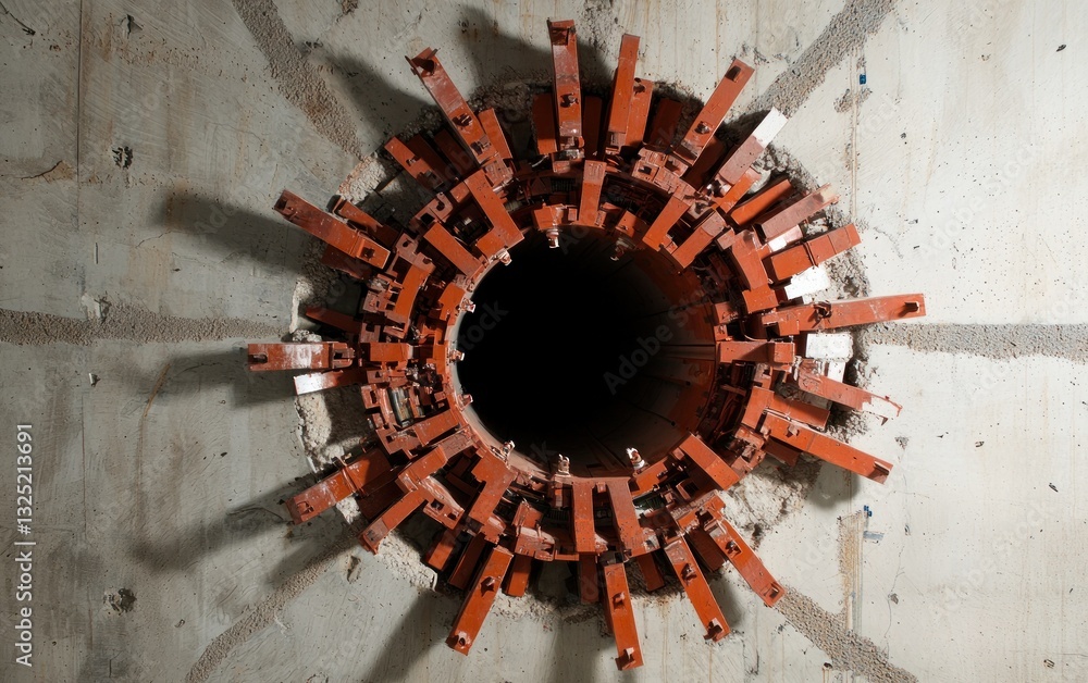 Poster overhead view of a circular opening in a textured concrete surface, surrounded by numerous rusty-red