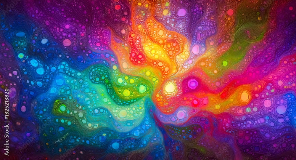 Poster vibrant abstract art featuring a swirling explosion of rainbow colors. a dynamic and fluid design wi