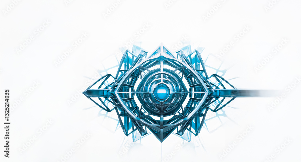 Poster abstract cyan geometric eye structure with intricate lines and a central sphere, creating a futurist