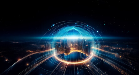 Obraz premium A futuristic cityscape is encased in a bright, glowing sphere against a dark night sky. Energy streams radiate outwards, creating a sense of dynamic technological advancement.