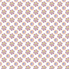 Colorful retro flower pattern with purple, peach, and green petals on white. Seamless playful design perfect for kids’ fabrics, wrapping paper, and cheerful decor.