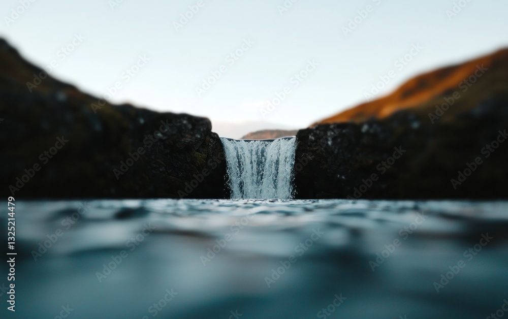 Poster close-up view of a small waterfall cascading between dark rocks into a shallow pool of water. soft, 
