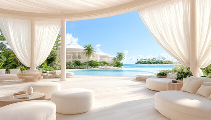 Obraz premium Luxurious beachfront patio with pool and ocean views