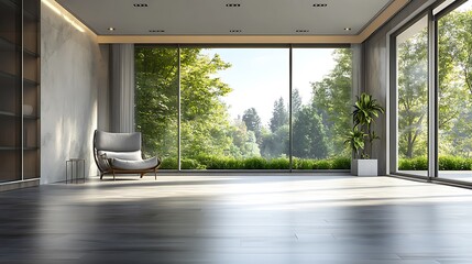 Empty Modern Room with a Large Window Overlooking a Forest / 森を見下ろす大きな窓のあるモダンな空き部屋