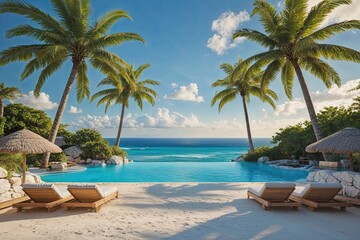 Fototapeta premium Tropical Oceanfront Getaway with Lush Palm Trees and Stunning Seascapes