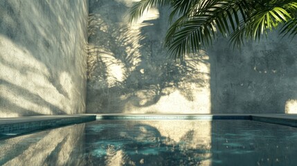 Serene Poolside Escape: Teal Water Reflecting Sunlight and Palm Tree Shadows on a Concrete Wall