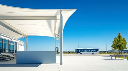 Fototapeta premium Promotional stand mockup at modern bus terminal for tourism and travel concept with clear blue sky background