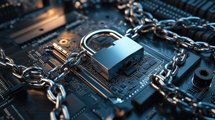 Padlock wrapped in chains placed on the motherboard of an electronic device, symbolizing data protection and security. Modern technological environment, emphasizing digital protection.