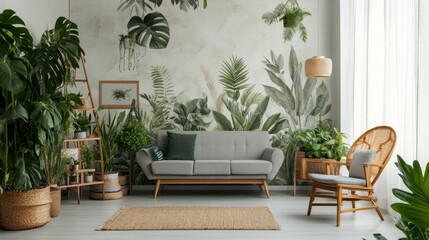 Indoor Plant Room with Tropical Wall Art Sofa and Wicker Accents 