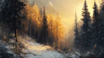 Golden sunlight illuminates a snow covered winter forest landscape