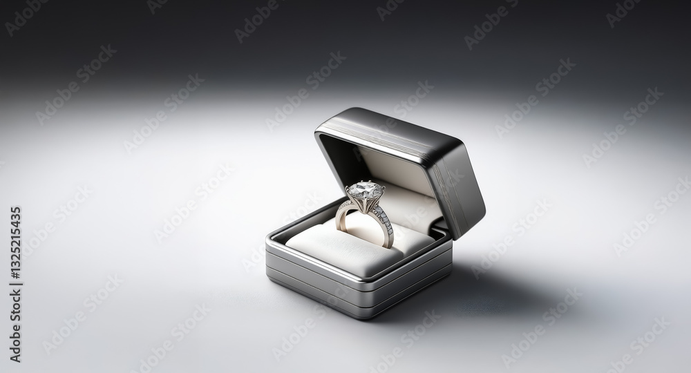 Poster a shiny ring with a large stone sits in an open grey box with a soft white cushion. the box is metal