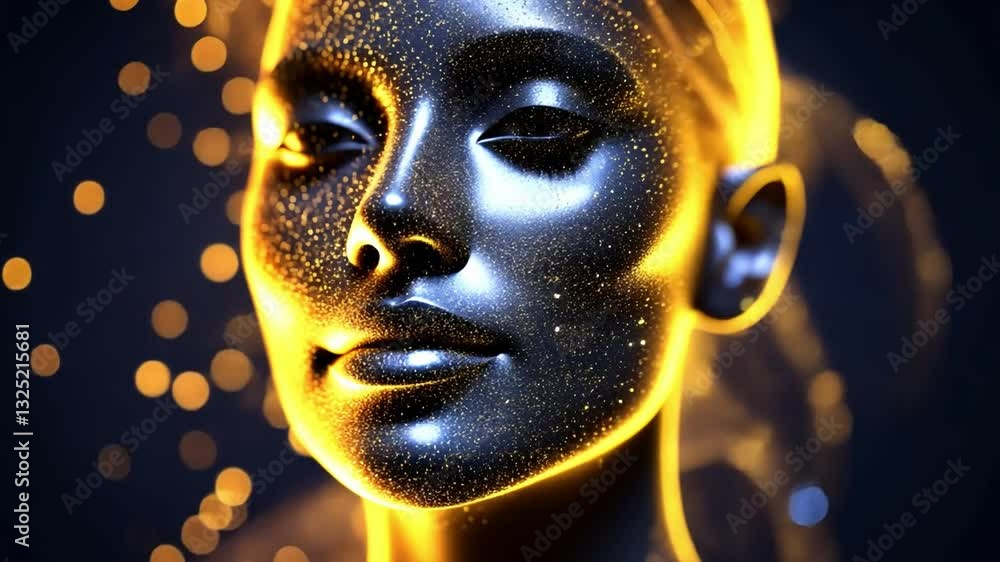 Poster futuristic digital art metallic face with glowing golden particles creating ethereal illumination an