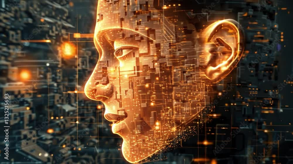 Poster digital rendering of human face with glowing orange circuits and geometric patterns symbol of artifi