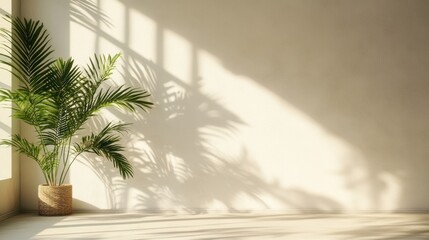 A stark white wall, adorned with a tropical leaf shadow in muted beige, forms a minimalist canvas for product display or object showcase. A subtle summer abstract background adds depth and