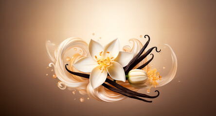 A vanilla flower and pods are artistically arranged against a soft beige backdrop, complemented by creamy swirls that suggest a sweet and aromatic essence.