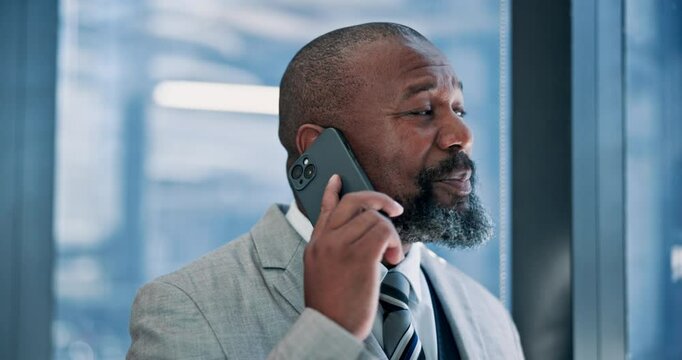 Mature, black man and window with phone call for discussion, corporate proposal or improvement. Executive, male person or African CEO talking with mobile smartphone for business deal or negotiation