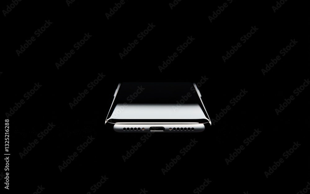 Poster close-up view of a rectangular electronic device in low light, subtly illuminated from below, set ag
