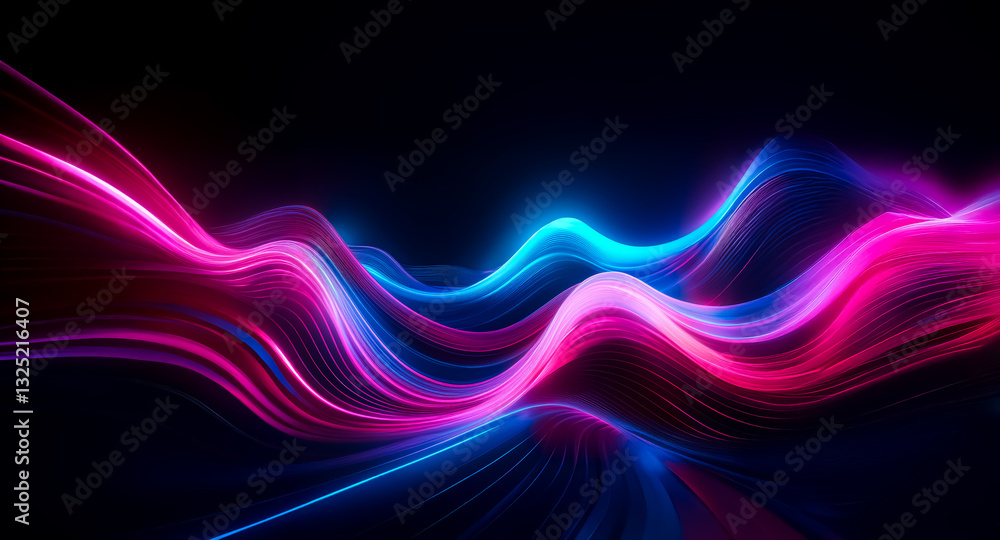 Poster abstract waves of light in vibrant pink and blue hues flow dynamically on a dark backdrop, creating 