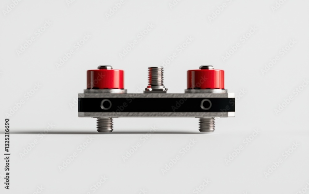 Poster close-up of a small electronic component with red and black accents against a white background. the 