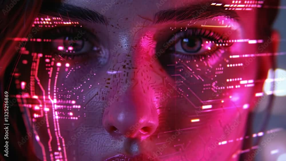 Poster futuristic cybernetic woman face illuminated by pink digital patterns and technology overlay creatin
