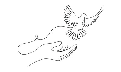 Flying dove from opened hand of One continuous line drawing. Bird symbol of peace and freedom in simple linear style. Concept for wedding invitation icon. Editable stroke. Doodle vector illustration