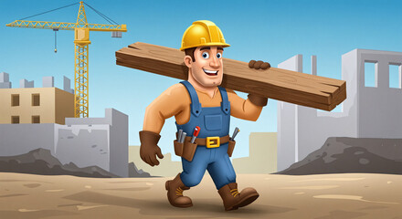 Strong Construction Worker Carrying Wooden Planks