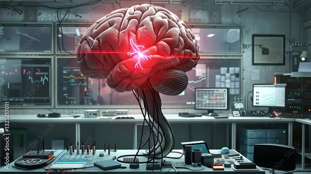 Poster advanced digital brain model with glowing neural connections in high tech laboratory surrounded by c