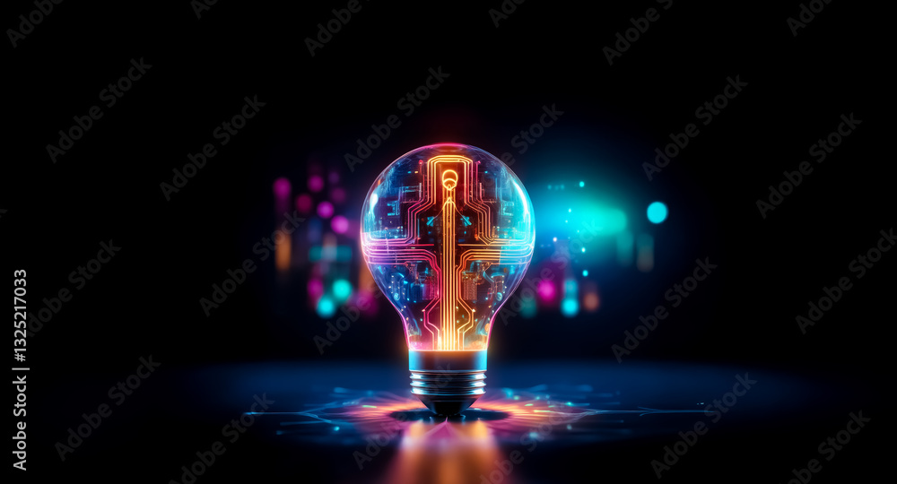 Poster illuminated light bulb with abstract, colorful, glowing patterns inside on a dark background. symbol