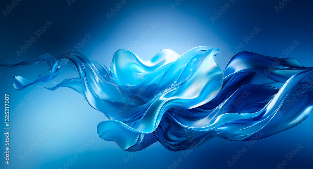 Poster a dynamic abstract design in cool blue hues features flowing, translucent shapes against a gradient 