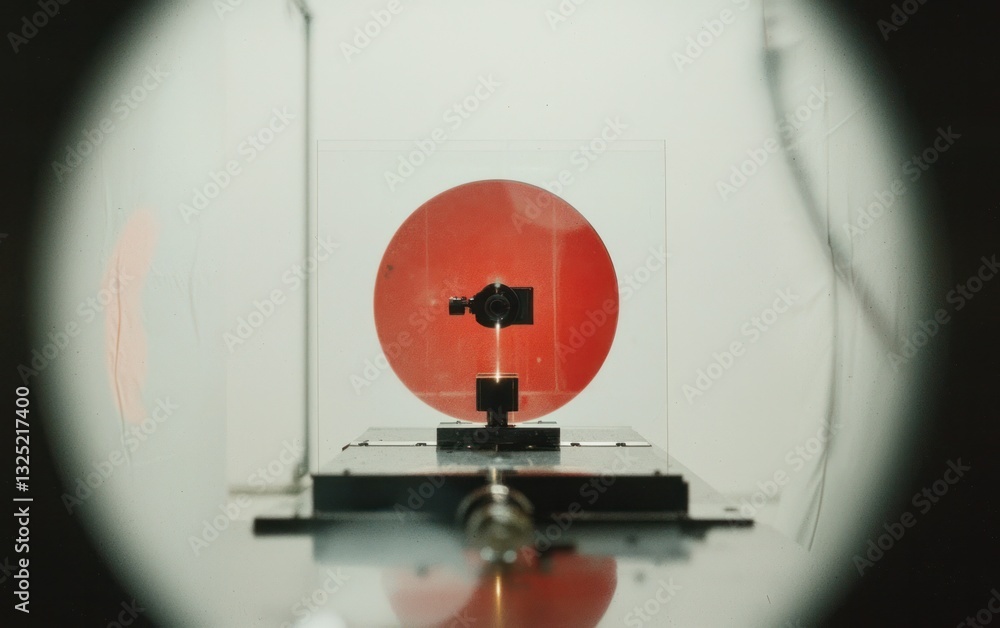 Poster close-up view of a small, dark object positioned centrally within a laboratory apparatus. a large, t