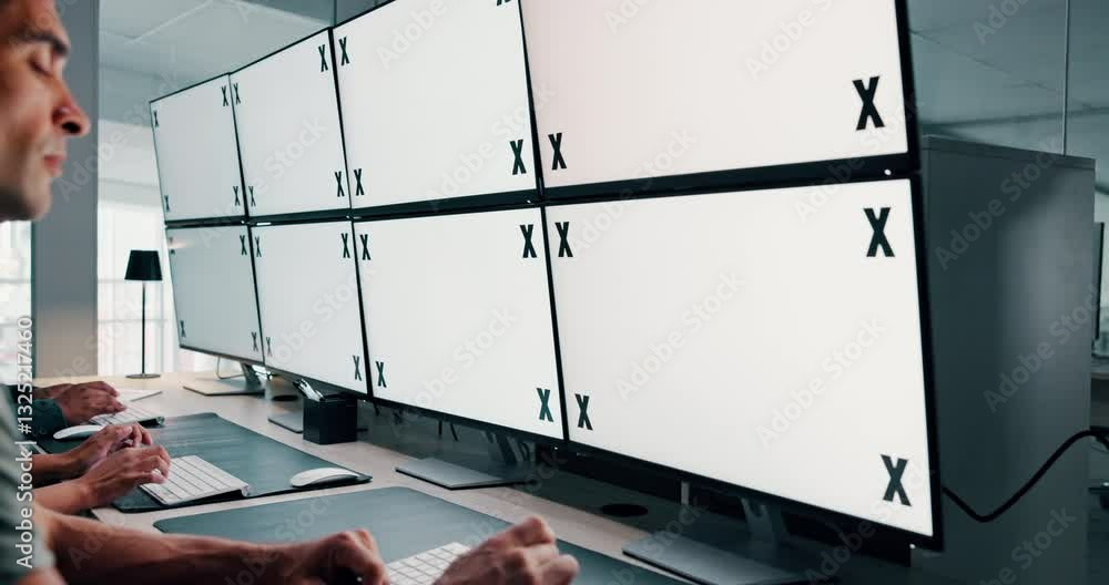 Poster Typing, mockup space and people by computer screen in office for online research with data management. Technology, tracking markers and engineers with blank desktop in control room for cybersecurity.