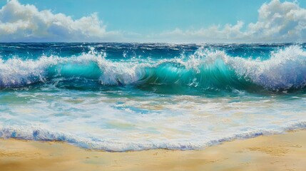 Ocean Waves Crashing on Sandy Beach Under Sunny Sky