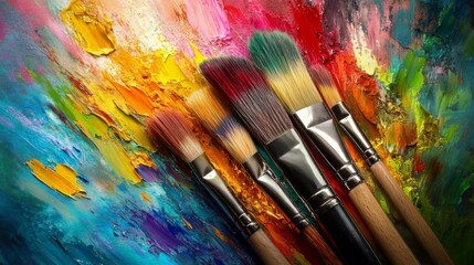Fototapeta premium Colorful Paintbrushes on Vibrant Abstract Canvas
