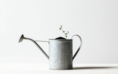 Small thyme plant sprouting from soil inside a galvanized metal watering can on a white wooden surface against a white background