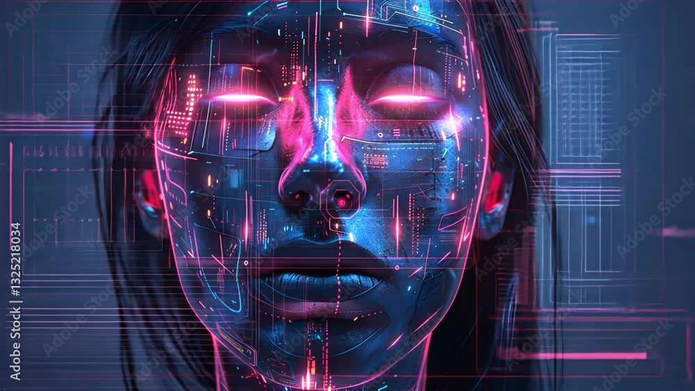 Poster futuristic digital artwork of human face with neon lights and circuit patterns advanced technology a