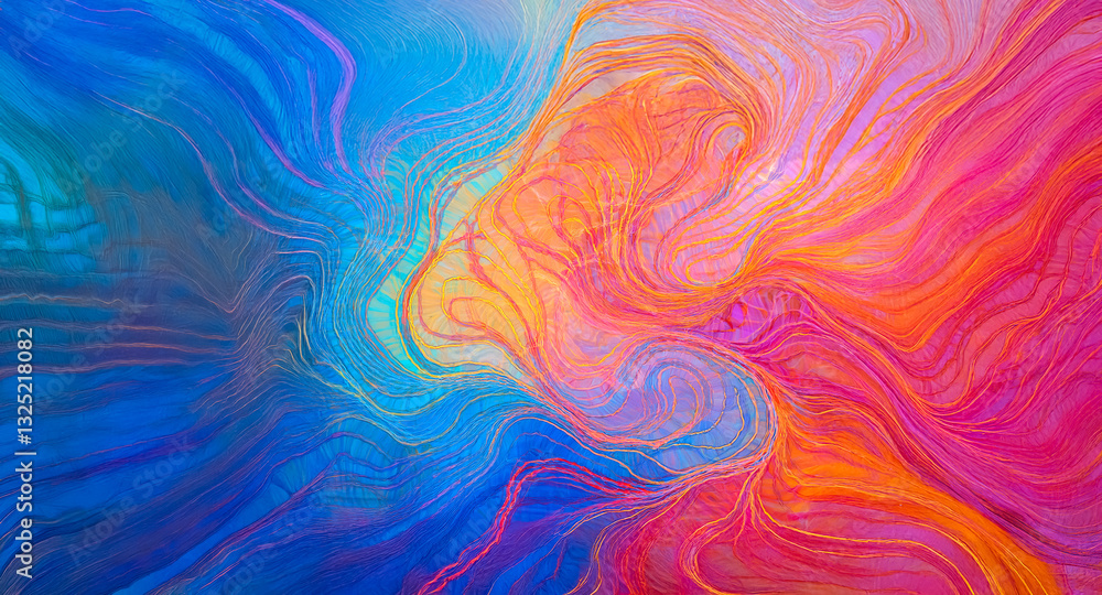 Poster vibrant colors blend and swirl in a fluid motion, creating an abstract design with shades of blue, o