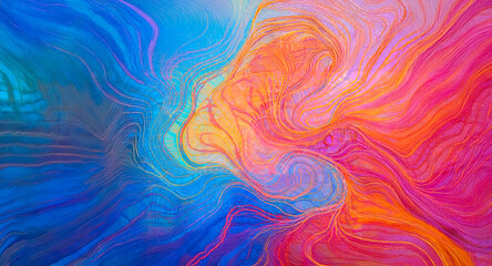 Obraz premium Vibrant colors blend and swirl in a fluid motion, creating an abstract design with shades of blue, orange, yellow, pink, and red. Dynamic and artistic, it evokes a sense of flow and energy.