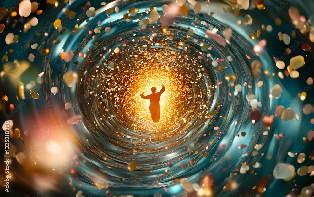 Wall mural a mysterious figure emerging from a swirling vortex of light, with colorful fragments floating aroun