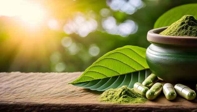 kratom herbal in thailand with medicine powder and capsules on wooden table background beautiful sunlight photography hyper real space for text