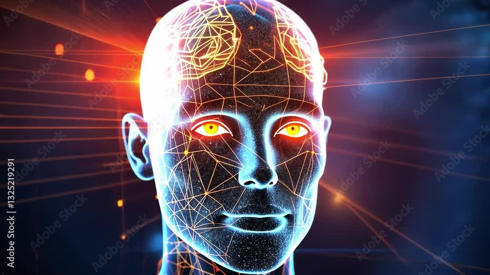 Poster glowing digital face with geometric patterns and bright eyes futuristic technology showcase of artif
