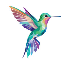 Obraz premium Stunning Geometric Hummingbird Vector Illustration in Vibrant Polygonal Style, Featuring Bright Teal, Purple, and Orange Hues, Symbolizing Agility and Beauty
