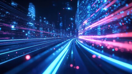 Obraz premium A futuristic cityscape with data streams and colorful lights