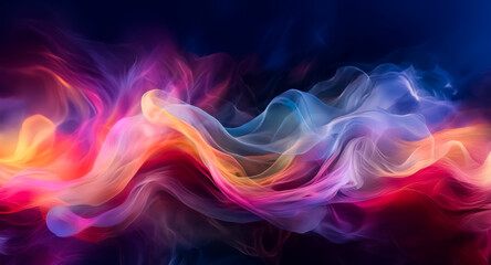 Fototapeta premium Abstract colorful smoke waves flow on a dark backdrop. Vibrant hues of orange, pink, blue, and yellow blend smoothly creating a dynamic and artistic effect.