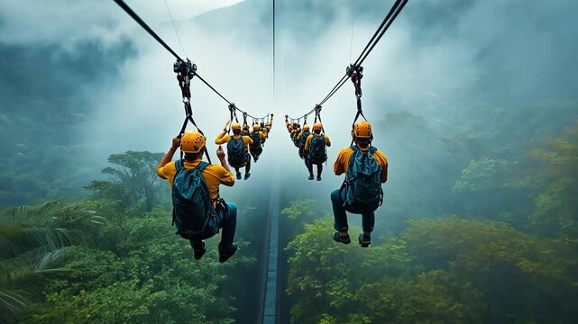 This Participants glide along a zipline surrounded by vibrant greenery and misty hills.