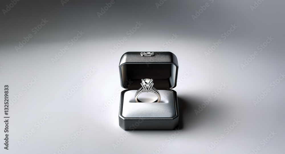 Poster a ring with a large stone sits inside an open dark box on a white surface. the ring and box are cent