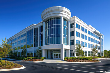 A Modern commercial office building with large glass windows and landscaping