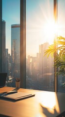 Morning sun illuminating urban cityscape outside office