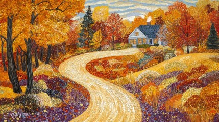 Autumnal Countryside Landscape with Winding Road and Cozy House