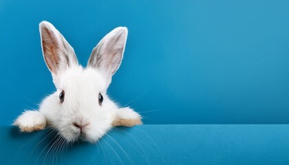 Fototapeta premium adorable white rabbit peeks from the edge of a vibrant blue background showcasing its fluffy fur and curious expression perfect for themes of innocence curiosity and nature