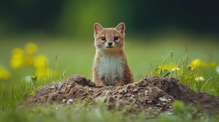 Foxy Cub Poses in Meadow Burrow